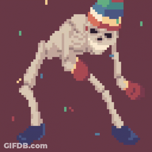 A Pixel Art Illustration Of A Skeleton Wearing A Party Hat GIF
