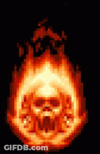 A Pixel Art Illustration Of A Skull On Fire . GIF