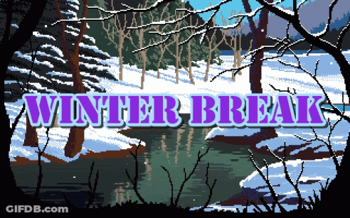 A Pixel Art Illustration Of A Snowy Forest With The Words Winter Break GIF