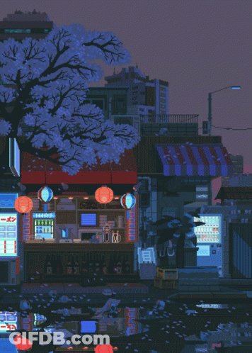 A Pixel Art Illustration Of A Store With A Sign That Says ' Ramen ' On It GIF