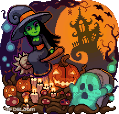 A Pixel Art Illustration Of A Witch On A Broom Surrounded By Pumpkins And Candles GIF