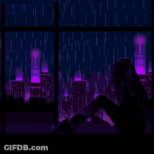 A Pixel Art Illustration Of A Woman Sitting In Front Of A Window Looking Out At A City At Night . GIF