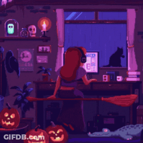 A Pixel Art Illustration Of A Woman Sitting On A Broom In Front Of A Computer With A Sign On The Wall That Says Free GIF
