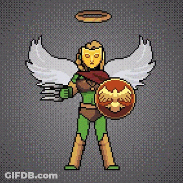 A Pixel Art Illustration Of A Woman With Wings Holding A Shield GIF
