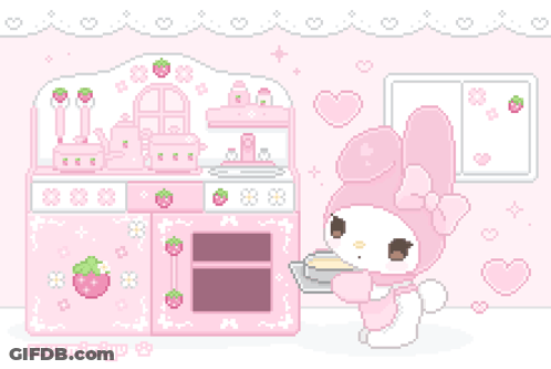 A Pixel Art Illustration Of My Melody Cooking In A Pink Kitchen GIF