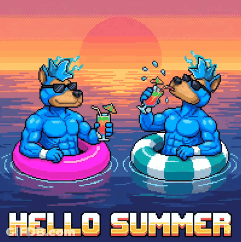 A Pixel Art Illustration Of Two Otters Drinking Cocktails In The Water GIF