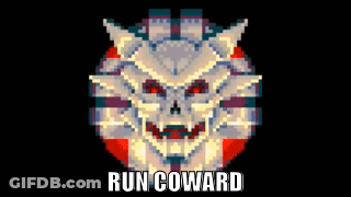 A Pixel Art Image Of A Skull With The Words Run Coward Below It GIF