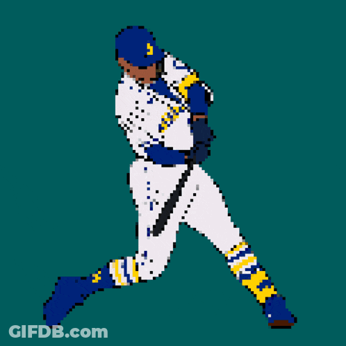 A Pixel Art Of A Baseball Player Swinging A Bat On A Red Background GIF