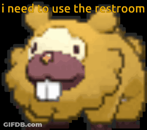 A Pixel Art Of A Beaver With The Words " I Need To Use The Restroom " Above It GIF