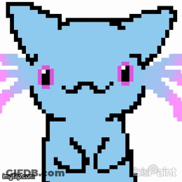 A Pixel Art Of A Blue Cat With Pink Wings And Eyes GIF