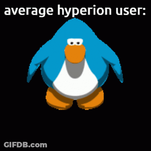 A Pixel Art Of A Blue Penguin With The Words " Average Hyperion User " Below It GIF