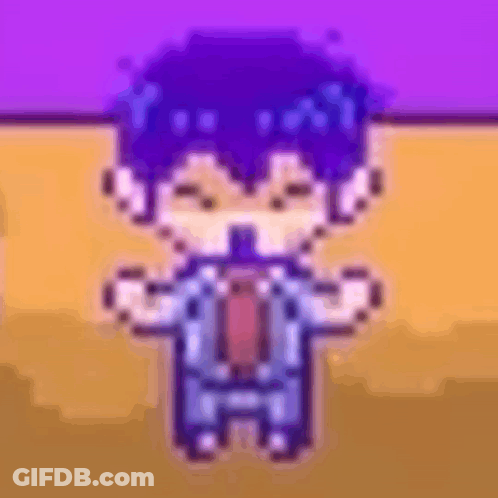 A Pixel Art Of A Boy In A Suit And Tie Standing On A Purple Background . GIF