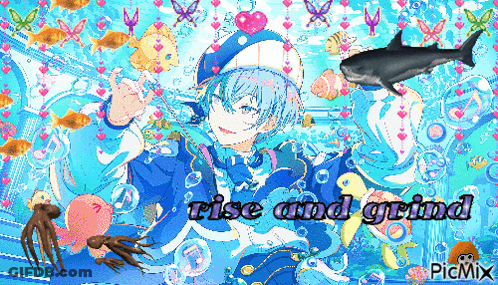 A Pixel Art Of A Boy In The Ocean With The Words Rise And Grind GIF