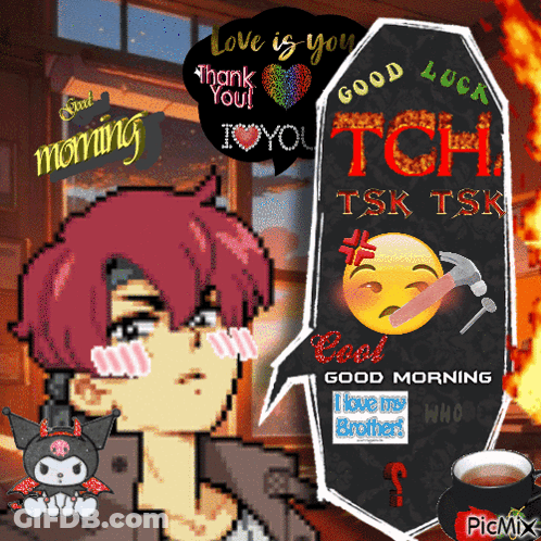 A Pixel Art Of A Boy With A Cup Of Tea And A Speech Bubble That Says Good Morning GIF