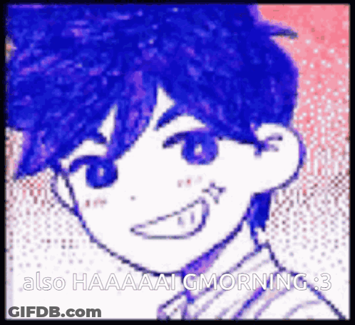 A Pixel Art Of A Boy With Blue Hair And The Words Also Haaaai Gmorning 3 GIF