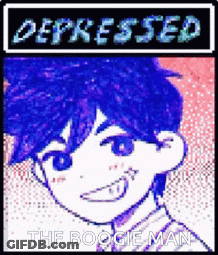 A Pixel Art Of A Boy With Blue Hair And The Words Depressed The Boogie Man Above Him GIF