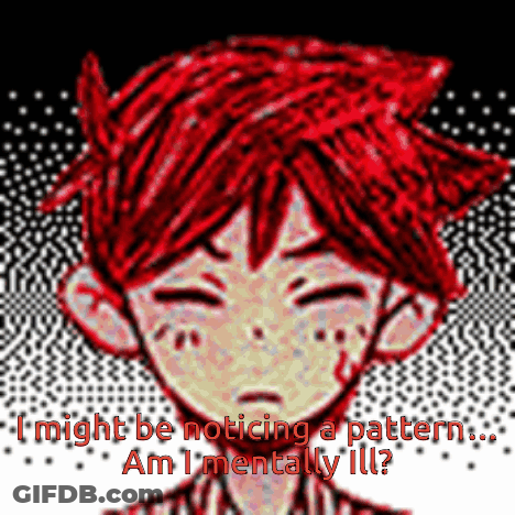 A Pixel Art Of A Boy With Red Hair And The Words I Might Be Noticing A Pattern Am I Mentally Ill ? GIF