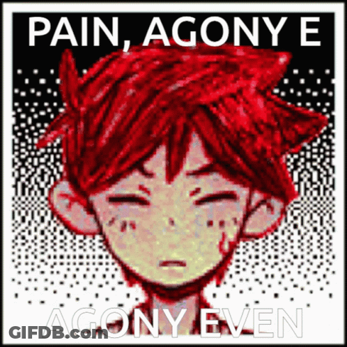 A Pixel Art Of A Boy With Red Hair And The Words Pain Agony E Agony Even On The Bottom GIF