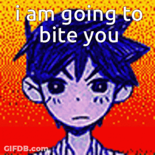 A Pixel Art Of A Boy With The Words " I Am Going To Bite You " Above Him GIF