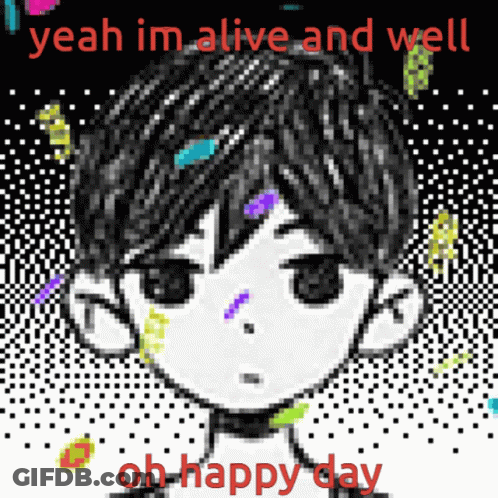 A Pixel Art Of A Boy With The Words Yeah Im Alive And Well Oh Happy Day Below Him GIF