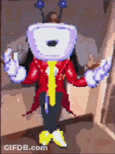 A Pixel Art Of A Cartoon Character Wearing A Red Jacket And Yellow Tie GIF