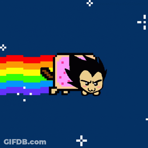 A Pixel Art Of A Cartoon Character With A Rainbow Tail Coming Out Of It GIF