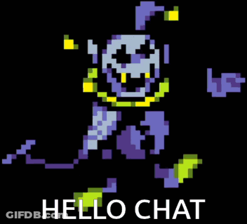 A Pixel Art Of A Cartoon Character With The Words Hello Chat On The Bottom GIF