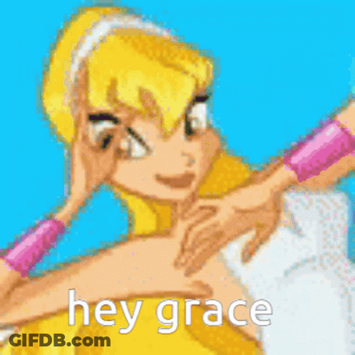 A Pixel Art Of A Cartoon Character With The Words Hey Grace On The Bottom GIF