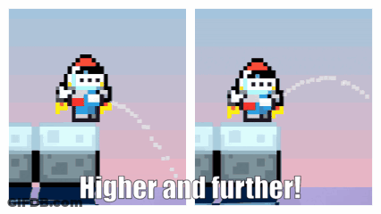 A Pixel Art Of A Cartoon Character With The Words Higher And Further GIF