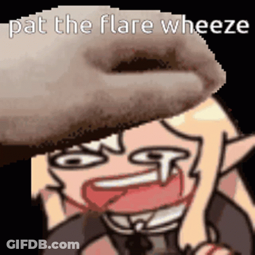 A Pixel Art Of A Cartoon Character With The Words Pat The Flare Wheeze Written Above It . GIF