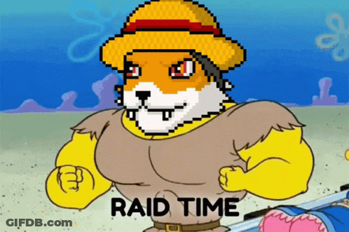 A Pixel Art Of A Cartoon Character With The Words Raid Time Written On The Bottom GIF