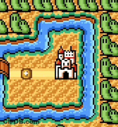 A Pixel Art Of A Castle In A Video Game Surrounded By Water . GIF
