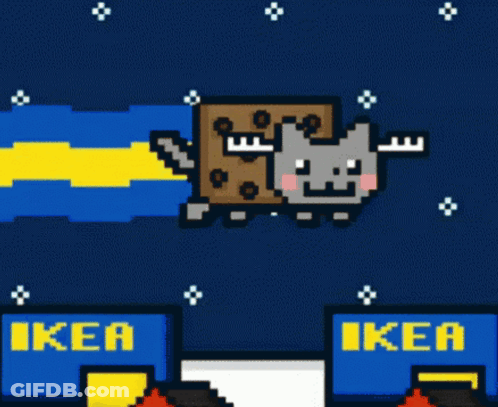 A Pixel Art Of A Cat Flying Through The Air With Ikea Signs Behind It GIF