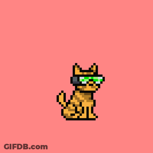 A Pixel Art Of A Cat Wearing Sunglasses And Headphones With The Words Woof Woof Written Above It GIF