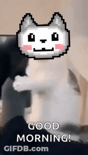 A Pixel Art Of A Cat With The Words Good Morning Written On The Bottom GIF