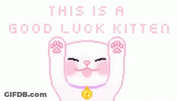 A Pixel Art Of A Cat With The Words " This Is A Good Luck Kitten " Above It GIF