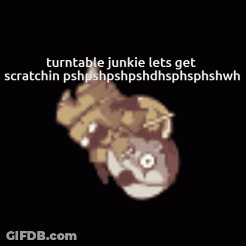 A Pixel Art Of A Cat With The Words Turntable Junkie Lets Get Scratchin Pshpshpshpshdhsphshwh GIF