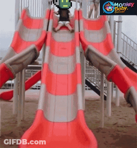 A Pixel Art Of A Child Going Down A Slide With Monkey Baby Between The Slides GIF