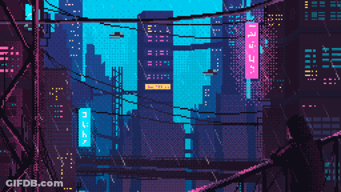 A Pixel Art Of A City At Night With A Sign That Says ' A ' On It GIF