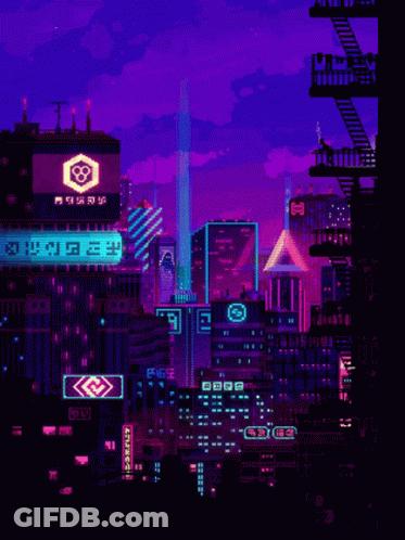 A Pixel Art Of A City At Night With A Sign That Says ' Shop King ' GIF