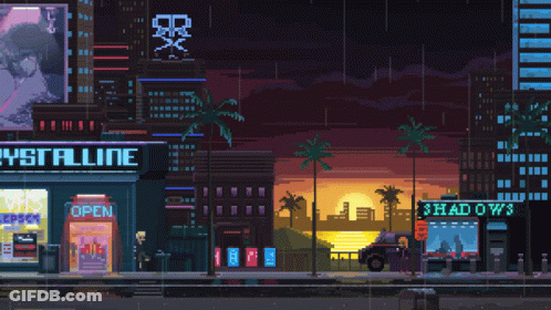 A Pixel Art Of A City At Night With A Store Called Shadows GIF