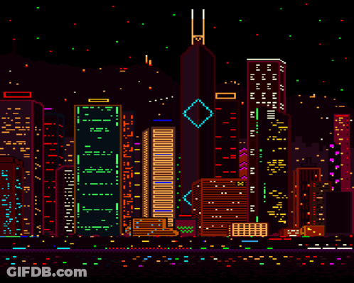 A Pixel Art Of A City Skyline At Night With A Building That Says ' Jtc ' On The Top GIF