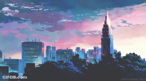 A Pixel Art Of A City Skyline With A Purple Sky GIF