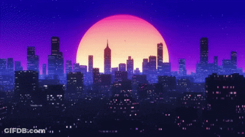 A Pixel Art Of A City Skyline With The Sun Shining Brightly In The Background GIF