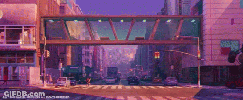 A Pixel Art Of A City Street With A Purple Sky GIF