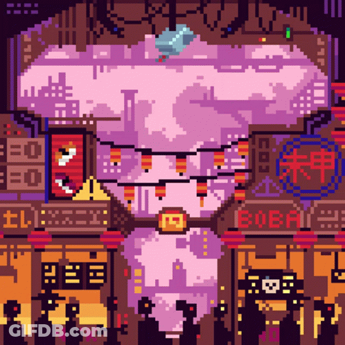 A Pixel Art Of A City With A Sign That Says Edgai GIF