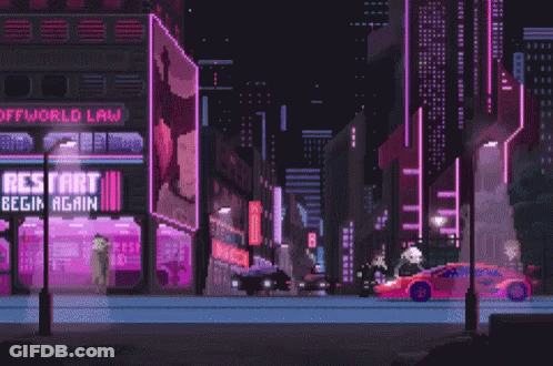 A Pixel Art Of A City With A Sign That Says " Restart Begin Again " GIF