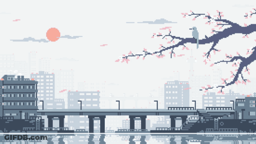 A Pixel Art Of A City With The Words Kawaii Sch On The Bottom GIF