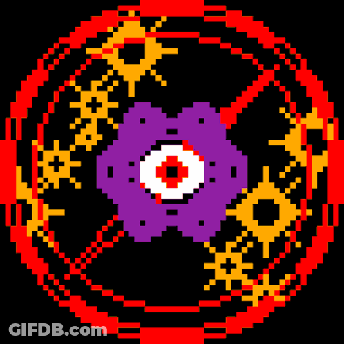 A Pixel Art Of A Colorful Circle With A Red Eye In The Middle GIF
