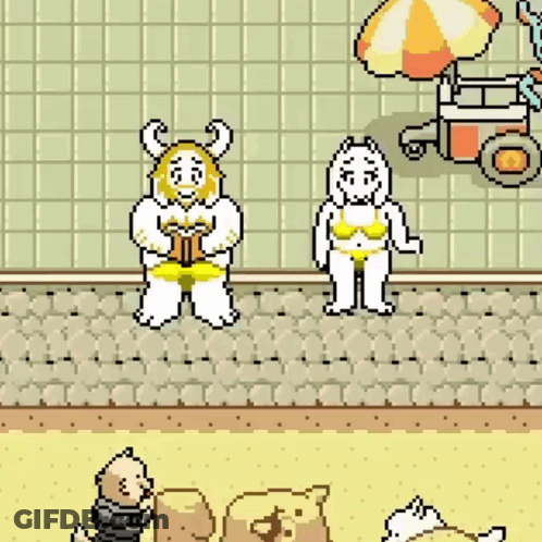 A Pixel Art Of A Couple Of Cartoon Characters Standing On A Beach . GIF